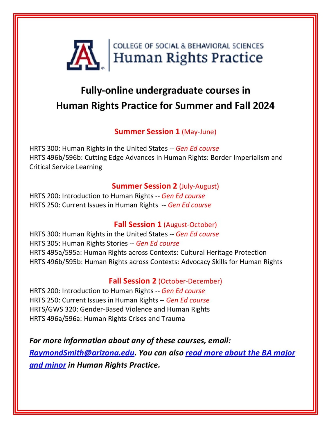 Summer and Fall 2024 Human Rights Practice undergraduate courses