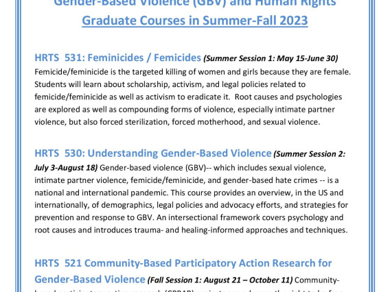Upcoming grad courses on gender-based violence and human rights (summer-fall 2023)