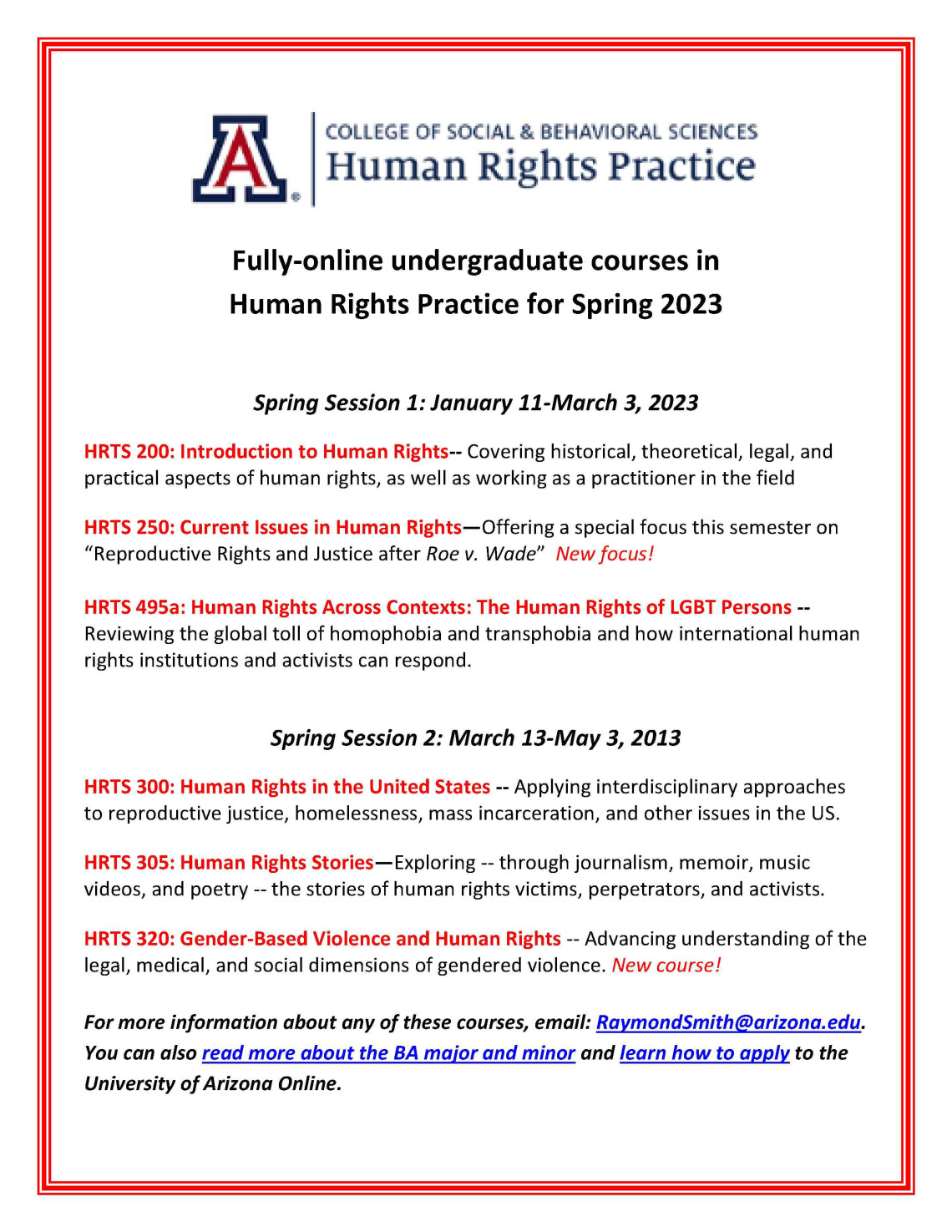 Spring 2023 Human Rights Practice undergraduate courses