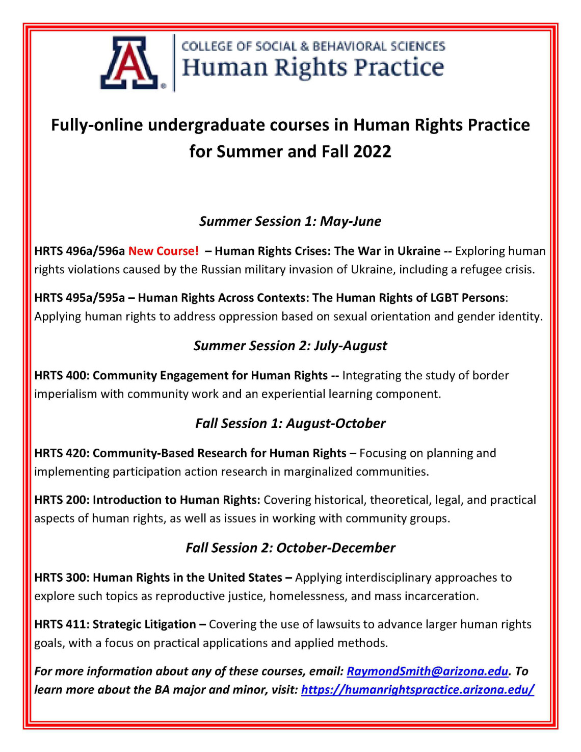 Summer and Fall 2022 Human Rights Practice undergraduate courses