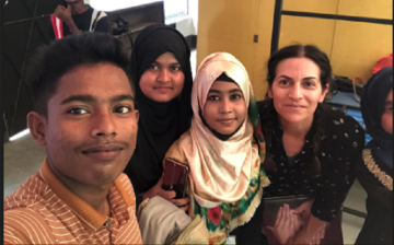 Candice Montano (at right) with Artolution Teaching Artists, Kutupalong Refugee Camp Cox’s Bazaar Bangladesh, July 2022.